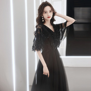 大码黑色晚礼服裙女宴会胖mm演出主持显瘦遮肚轻奢小众走秀晚礼服