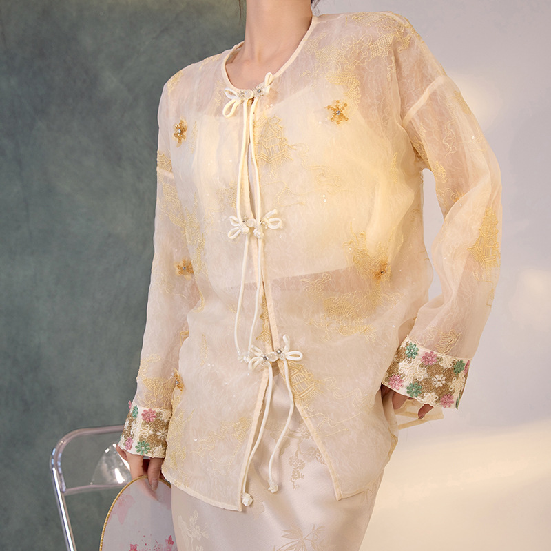 秋季款新中式国风网纱盘扣桑蚕丝刺绣衬衫女气质小众上衣 M3107