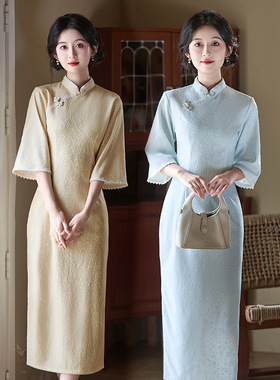 黄色倒大袖国风中式秋季长袖旗袍改良年轻款女感复古修身收腰