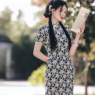 2025春夏新款弹力棉提花中长款改良旗袍连衣裙清新文艺少女年轻款