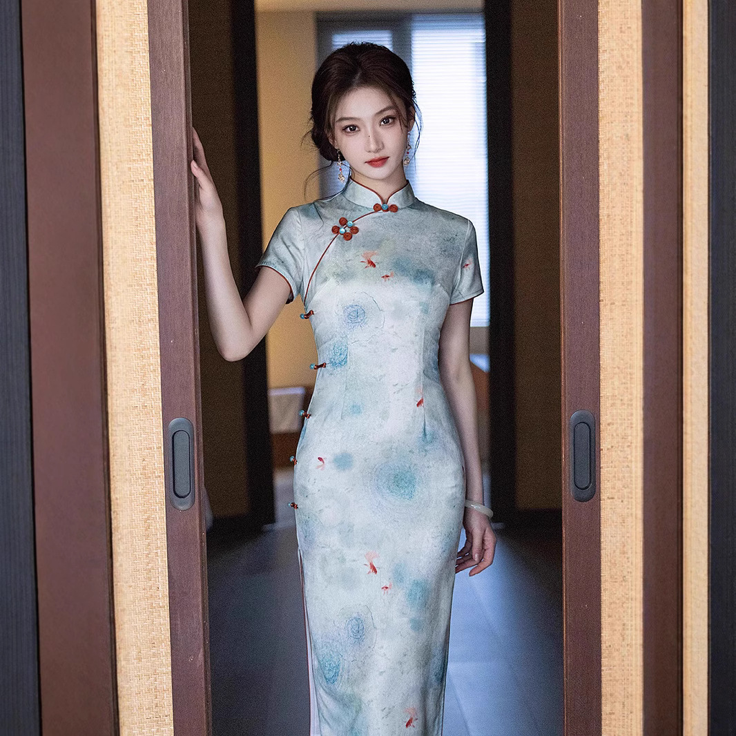 蓝色改良新中式复古风短袖旗袍2025年春季新款日常穿优雅年轻