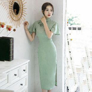 日常可穿夏季 绿色中式 女国风复古修身 年轻款 日常改良旗袍2024新款