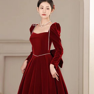敬酒服新娘红色丝绒结婚礼服2025新款小个子在逃公主订婚礼服裙