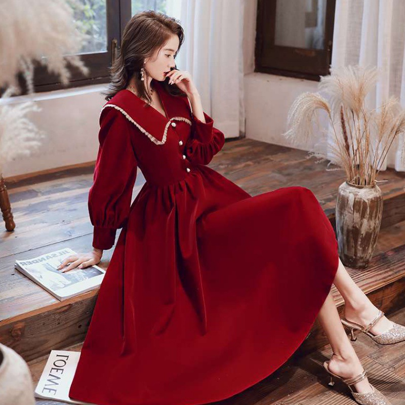 丝绒敬酒服2025新款夏春加厚连衣裙新娘结婚酒红色回门服宴会