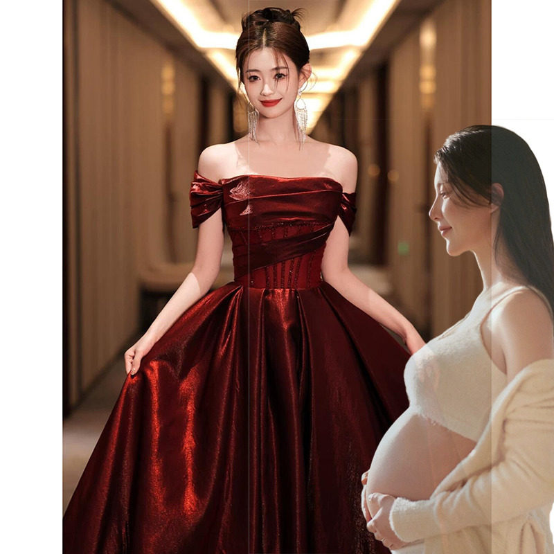 孕妇敬酒服新娘一字肩红色订婚连衣裙高端宴会成人礼礼服胖mm