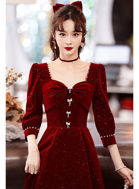 敬酒服新娘2025新款春夏季酒红色结婚回门礼服女感订婚连衣裙