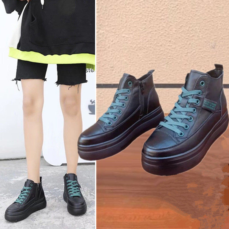 女式皮鞋黑色女鞋冬季新款真皮厚底百搭侧拉链增高加绒运动棉鞋女