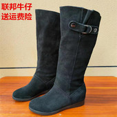 新款 联邦牛仔女鞋 冬季 反绒牛皮磨砂高筒女靴内增高加绒保暖骑士靴