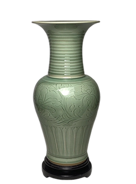 龙泉青瓷凤尾尊手工刻画缠枝牡丹花弦纹颈瓶中式家居客厅摆件花瓶