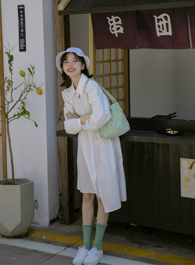 爱爱丸 简约设计感衬衫连衣裙白色中长款不规则泡泡袖甜美小清新