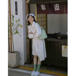 爱爱丸 简约设计感衬衫连衣裙白色中长款不规则泡泡袖甜美小清新