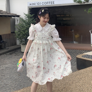 爱爱丸 宽吊带飞飞袖碎花背心连衣裙奶酪白木耳边风琴褶甜美减龄