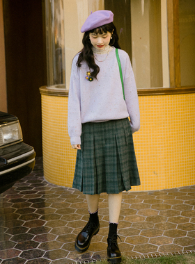 爱爱丸 毛呢格纹压褶半身裙中长款墨绿色英伦复古学院风高级质感