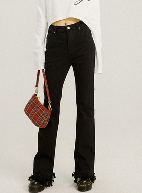 爱爱丸 流苏毛边牛仔棉休闲长裤女弹力黑色显瘦高腰修身街头感