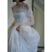 法式 蕾丝轻婚纱新娘高级感绝美小众一字肩气质出门纱拖尾迎宾礼服