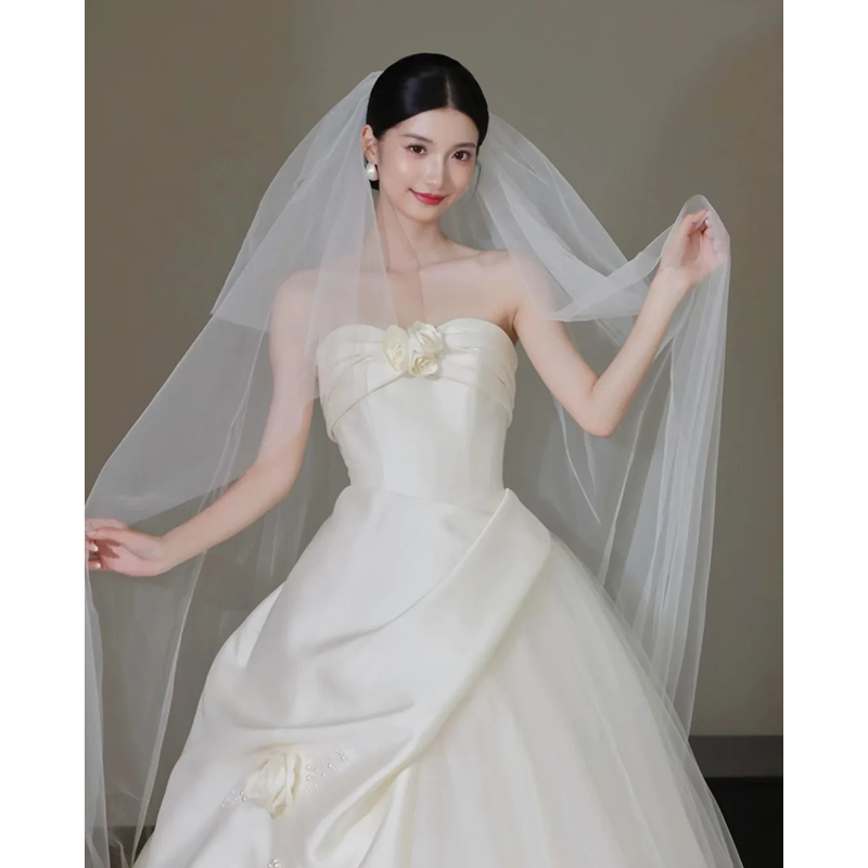 法式轻奢高级感轻婚纱气质花朵缎面晨袍新娘敬酒服迎宾出门纱礼服