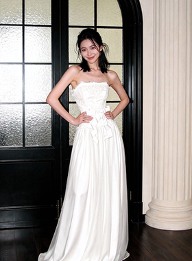 法式轻奢高级感抹胸出门纱女白色蕾丝优雅长裙新娘宴会晚装礼服