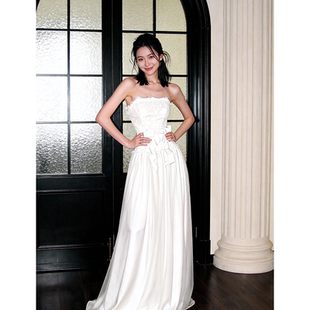 法式 礼服 轻奢高级感抹胸出门纱女白色蕾丝优雅长裙新娘宴会晚装