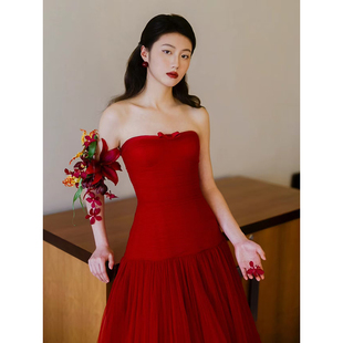晨袍女新款 抹胸红色高级感简约敬酒服轻奢新娘结婚出门纱礼服裙