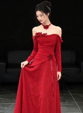 法式轻奢优雅一字肩红色晚礼服女气质修身长裙新娘订婚结婚敬酒服