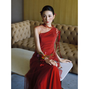 新中式 酒红色订婚宴会礼服裙回门高级感出门纱 新娘结婚敬酒服新款