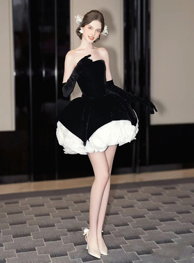 黑色显瘦晚礼服小个子女高级感抹胸丝绒气质高端生日礼服公主裙