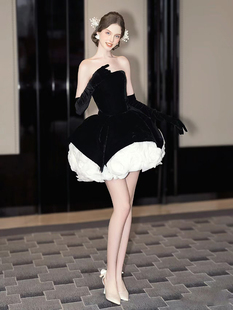 黑色显瘦晚礼服小个子女高级感抹胸丝绒气质高端生日礼服公主裙