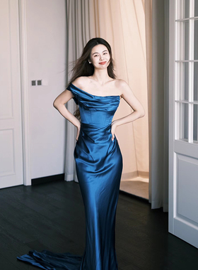 法式蓝色高级质感轻奢简约晚礼服新娘结婚宴会年会礼服裙敬酒服