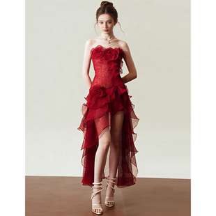 法式 新娘订婚敬酒服 气质小众红玫瑰生日礼服裙艺考高级感宴会晚装