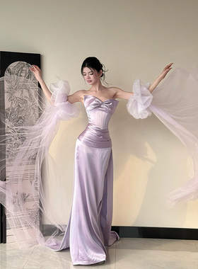 紫色抹胸晚礼服轻奢小众高级感新娘订婚晨袍宴会气质敬酒服礼服裙