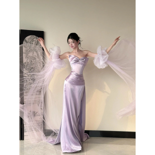 紫色抹胸晚礼服轻奢小众高级感新娘订婚晨袍宴会气质敬酒服礼服裙