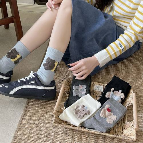 韩版袜子女秋冬毛绒动物羊毛袜袜口拼接堆堆袜女甜美保暖中筒