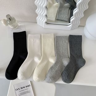 外贸跨境堆堆女士潮袜socks 诸暨袜子纯色竖条橡筋中筒女袜