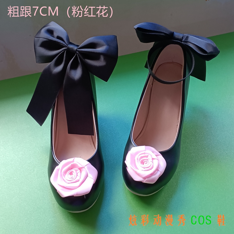 蔷薇少女cosplay真红鞋子蝴蝶结粗高跟洛丽塔单鞋COS大码高跟鞋