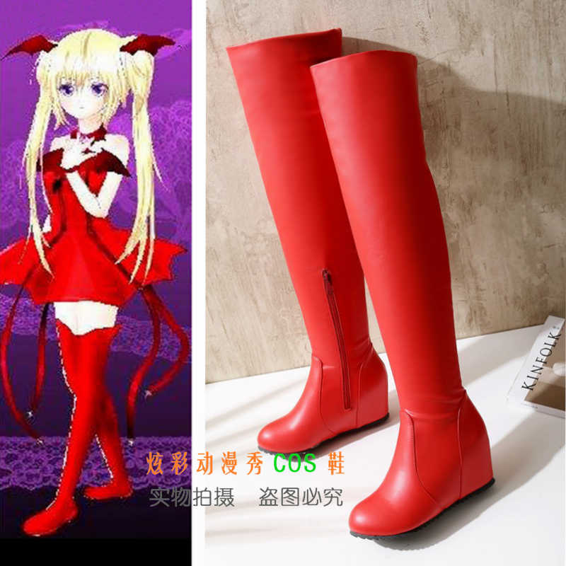 ◆守护甜心舞娘COS鞋歌呗恶魔变身cosplay靴子大码红色过膝长靴子