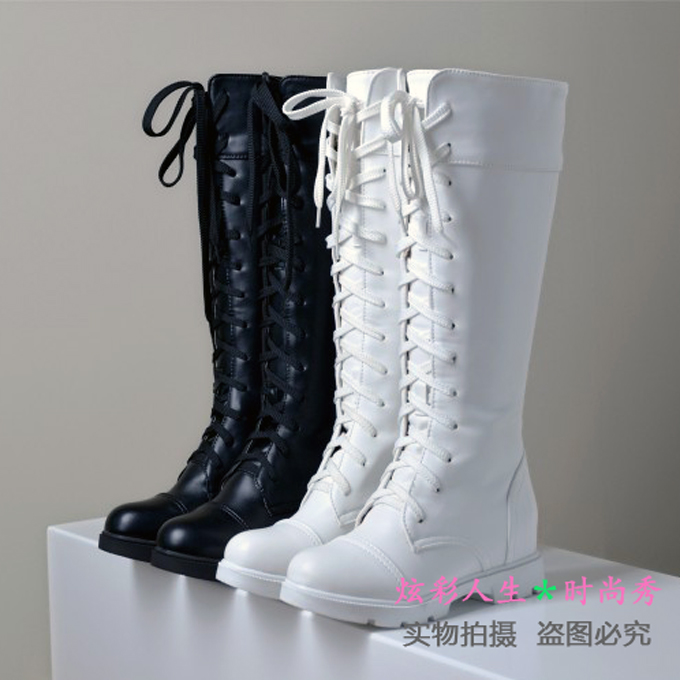 ◆万用演出鞋cosplay靴子宅舞鞋◆黑色 白色 前系带高筒平跟靴子