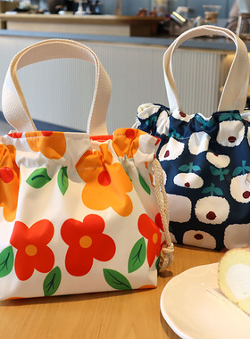 可爱花朵手提抽绳便当包学生上班装饭盒袋子大容量日式手拎束口袋