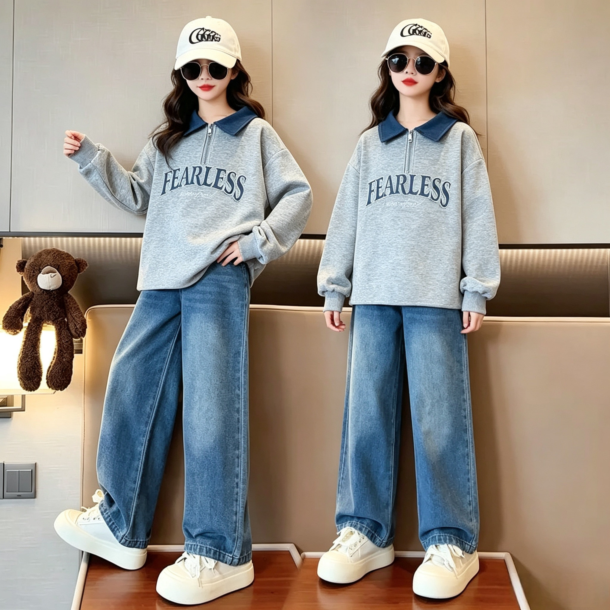 女孩洋气秋季套装牛仔领卫衣阔女童时尚春秋两件套休闲中大童