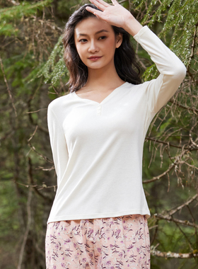 梧桐本色正品适意女螺纹V领家居外穿简约透气舒适长袖上衣WJ21202