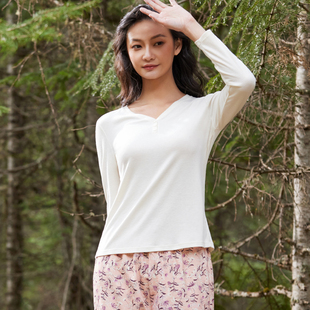 梧桐本色正品 上衣WJ21202 适意女螺纹V领家居外穿简约透气舒适长袖