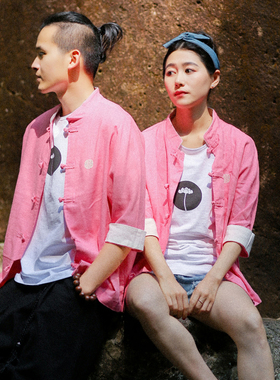 无梦记中国风男士夏季棉麻盘扣七分袖休闲复古大码男立领情侣衬衫