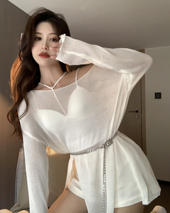 RM5851#性感露背修身外穿背心小吊带+不规则开叉镂空腰链长袖防晒衫