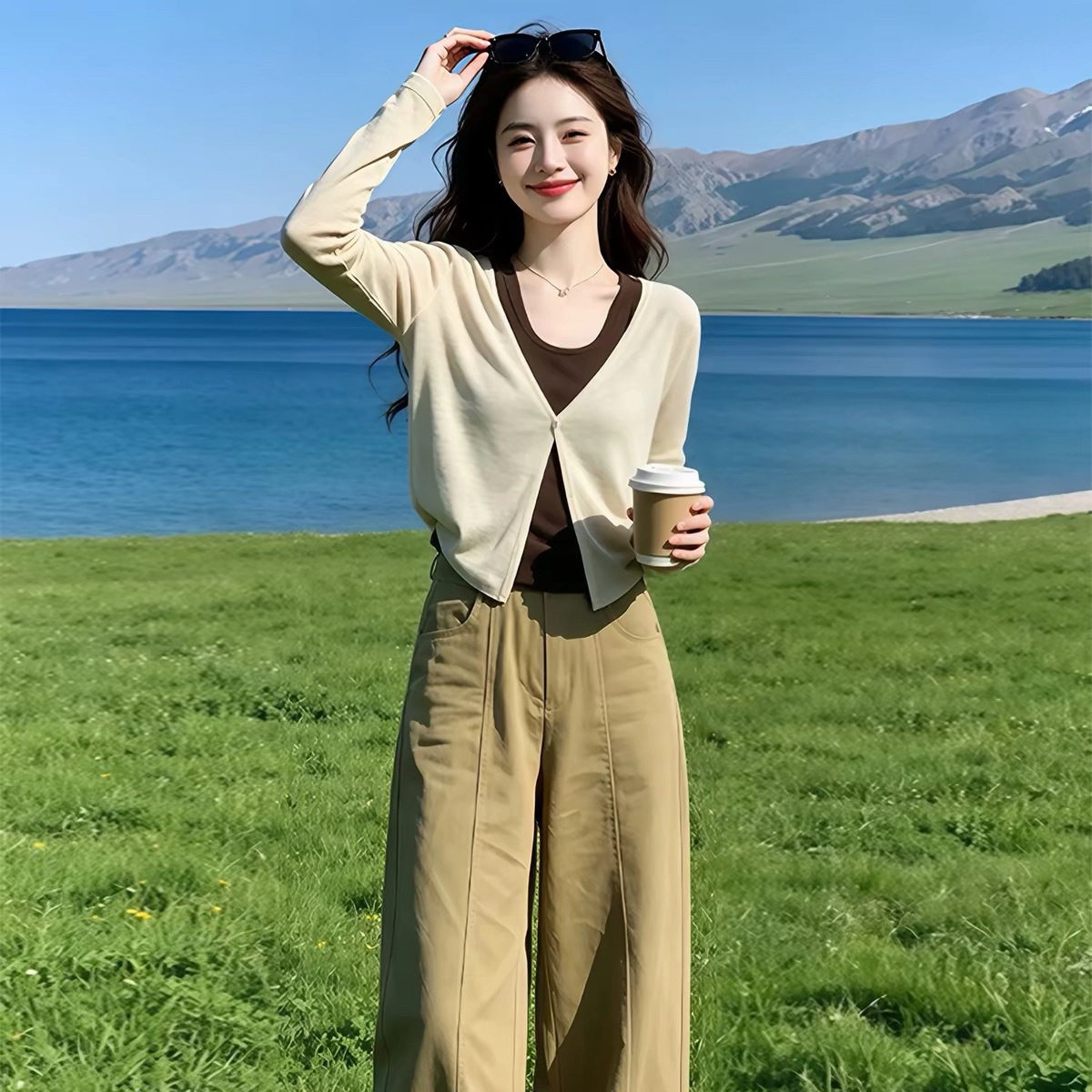 韩系高级感巨好看假两件针织衫女早秋修身轻熟上衣阔腿裤两件套
