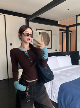 撞色假两件拼接半开领长袖T恤女早秋修身显瘦设计感chic套头上衣