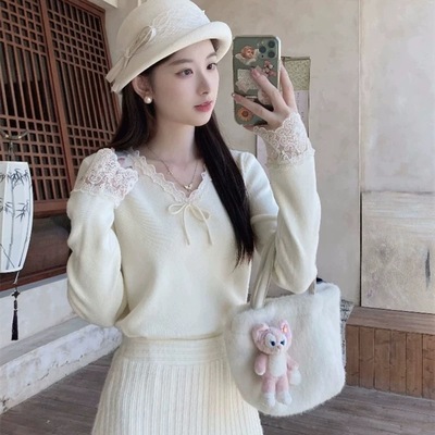 【小四粉丝专享】2025年秋冬新款法式温柔蝴蝶结蕾丝针织衫861