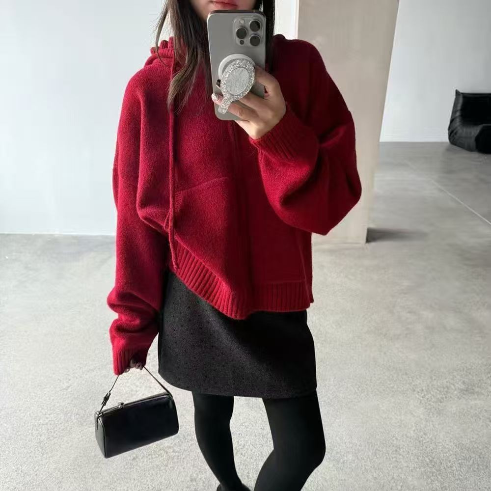 【小乐专享】连帽花边韩系宽松慵懒风拉链针织开衫外套442