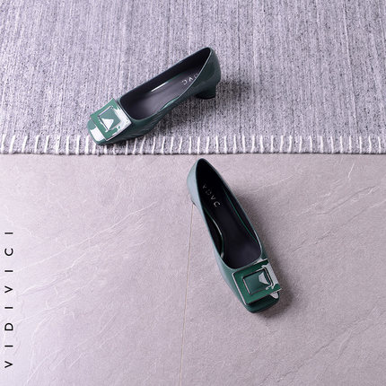 VIDIVICI设计师方头粗跟浅口方扣漆皮墨绿色4cm中跟优雅女鞋单鞋