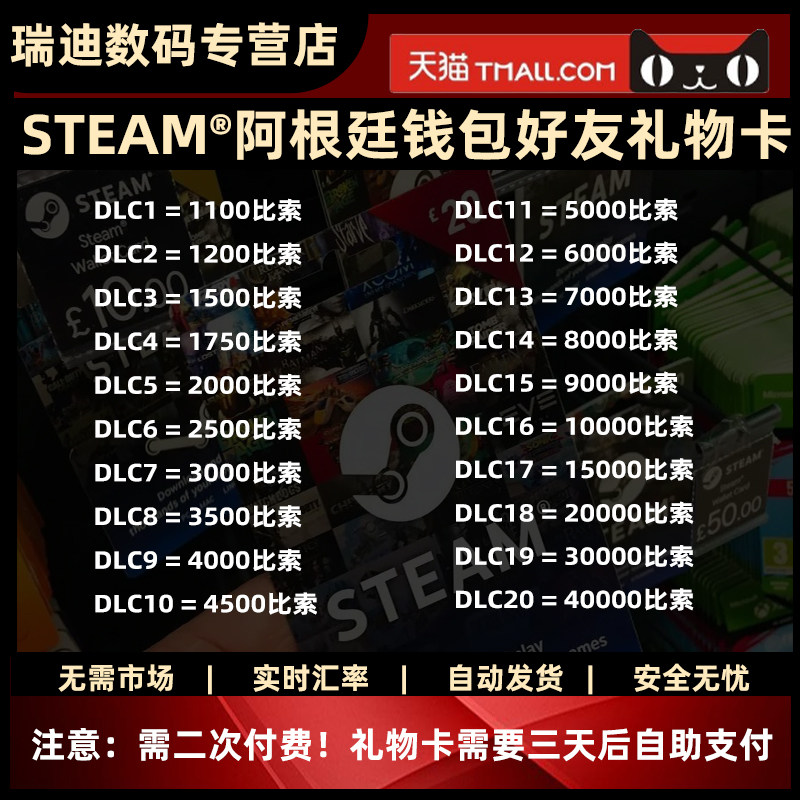 【自动发货】steam阿根廷区比索充值码 钱包卡余额 新号可冲 数字礼物卡 不红 无需账密 直充机器人使用感如何?