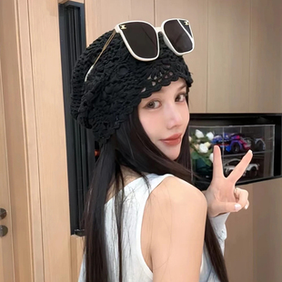 日系手工编织毛线帽子女款2025秋季镂空时尚逛街显脸小针织包头帽