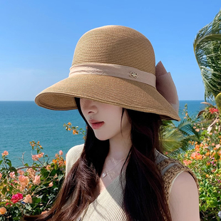 夏季新款蝴蝶结草帽子女款户外旅游度假遮阳防晒太阳帽时尚渔夫帽